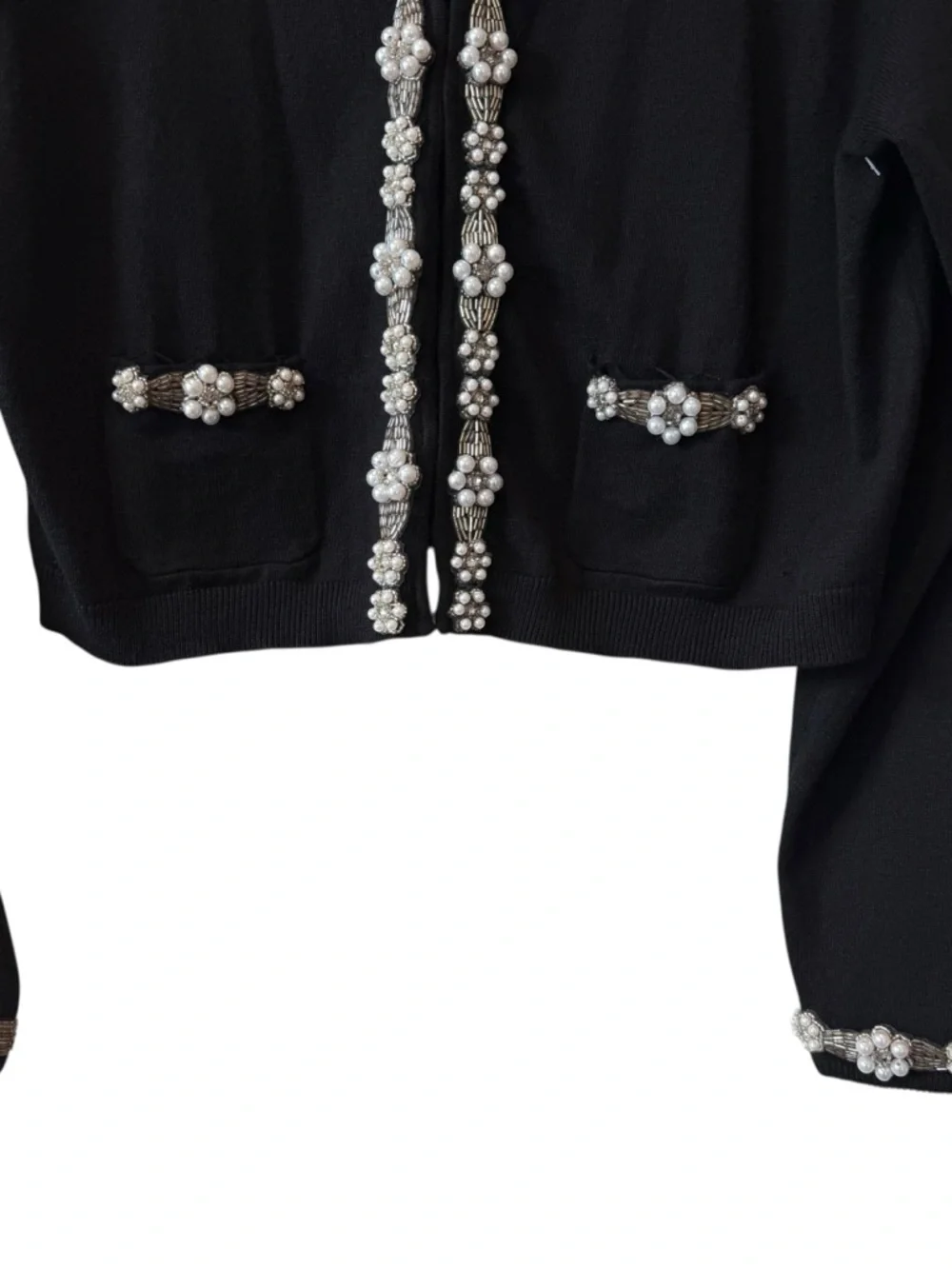 Vintage Berek Takako Sakon Cropped Black Cardigan with Pearls And Sequins Trim - Picture 12 of 16